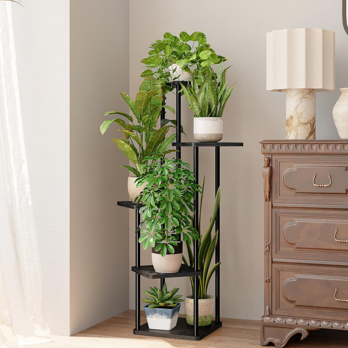 Bamworld Black Plant Stand Indoor Corner Plant Shelf for Multiple Plants | 5 Tier Tall Flower Stand Dark Brown Plant