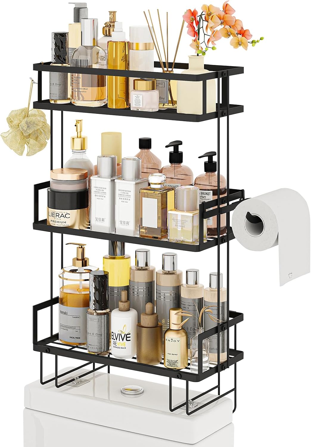 3-Tier Over Toilet Storage Shelf, Wall-Mount with 2 Hook/Paper Rack | Bathroom Organizers and Storage Cabinet