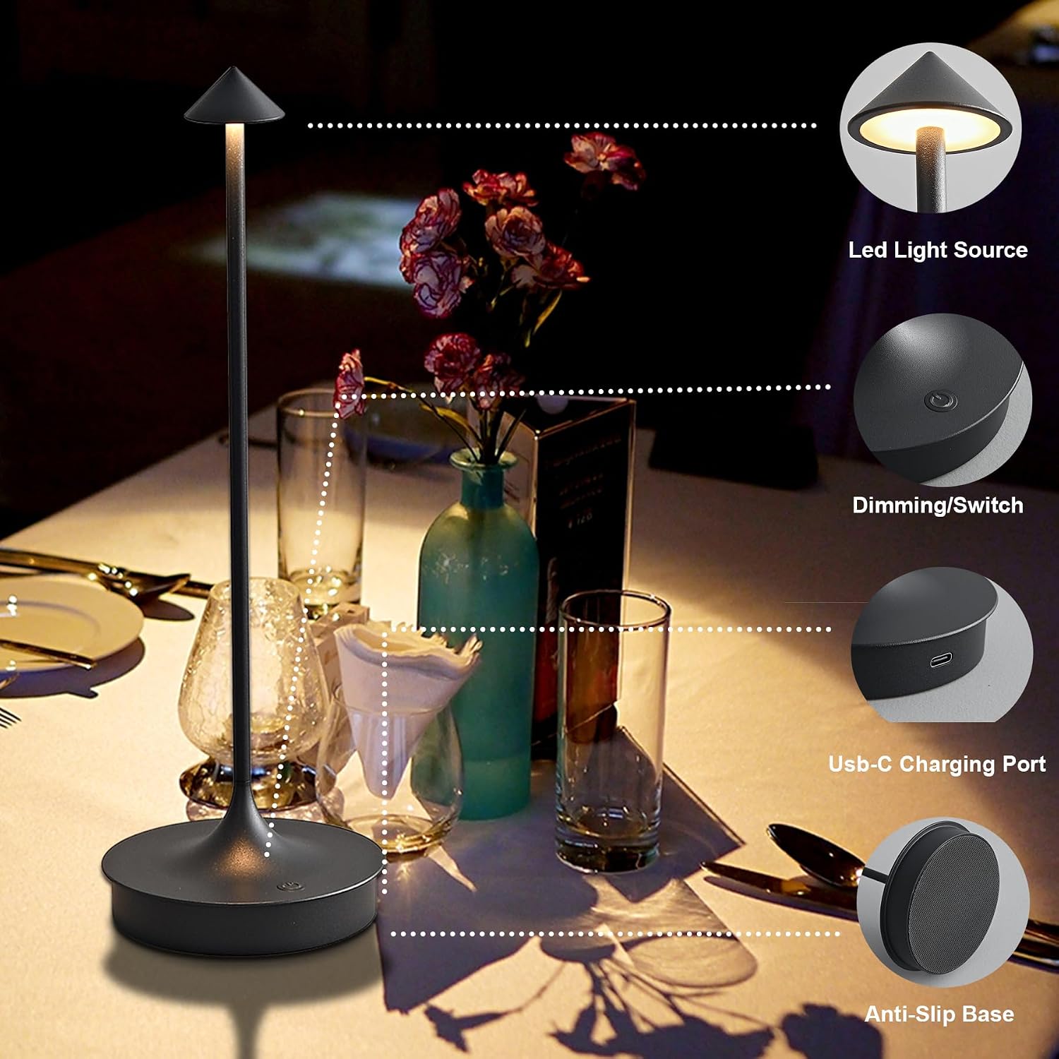 Cordless Table Lamps Rechargeable, Black 2PC | LED Desk Lamp 4000mAh Battery Operated Outdoor Waterproof Portable Touch
