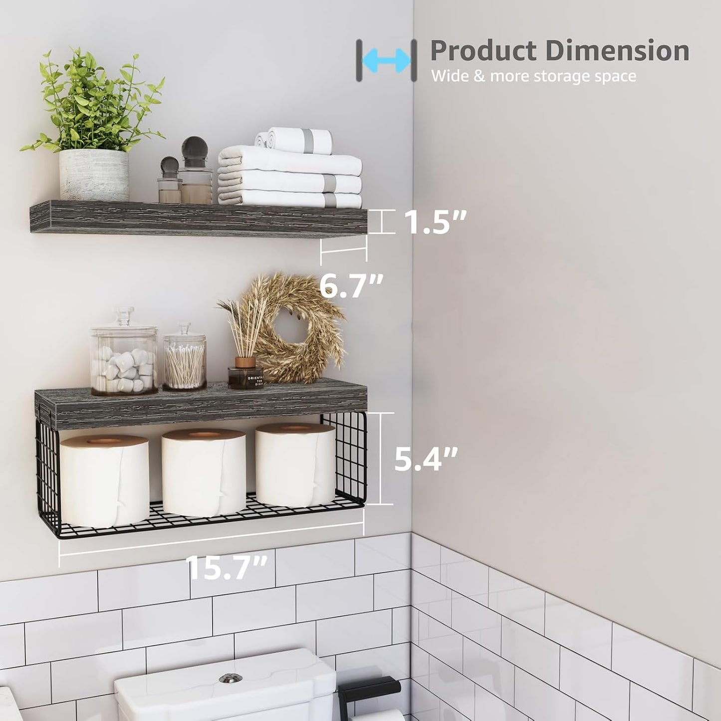QEEIG Bathroom Shelves Over Toilet - Wall Mounted Floating Shelves Toilet Paper Storage Small Farmhouse Decor Shelf 16