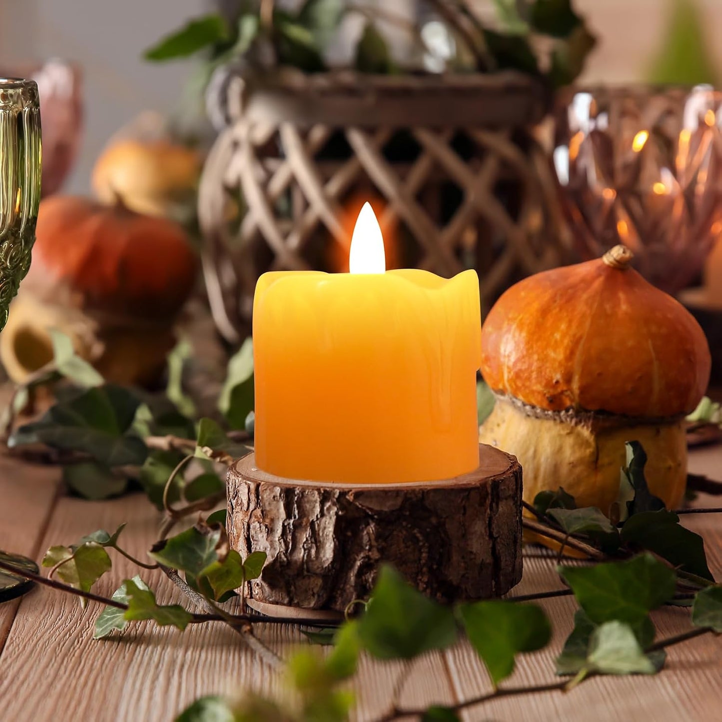 Orange Dripping Wax Flameless Votive Candles with Remote Batteries | Halloween Fall LED Candles, 2x2 inch Battery