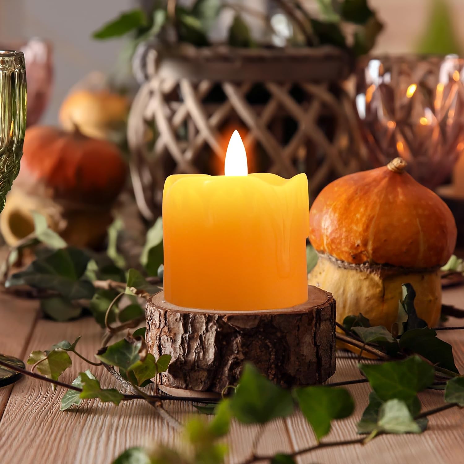 Orange Dripping Wax Flameless Votive Candles with Remote Batteries | Halloween Fall LED Candles, 2x2 inch Battery