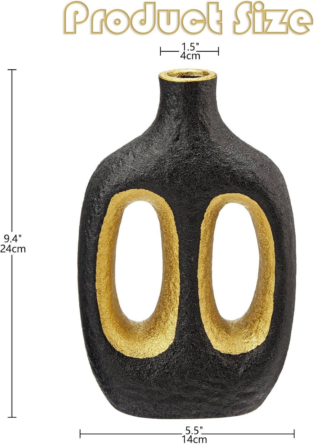 Modern Ceramic Vase Black Vases for Centerpieces Shelf / Double Hole / Black + Gold / 9.4 Inch