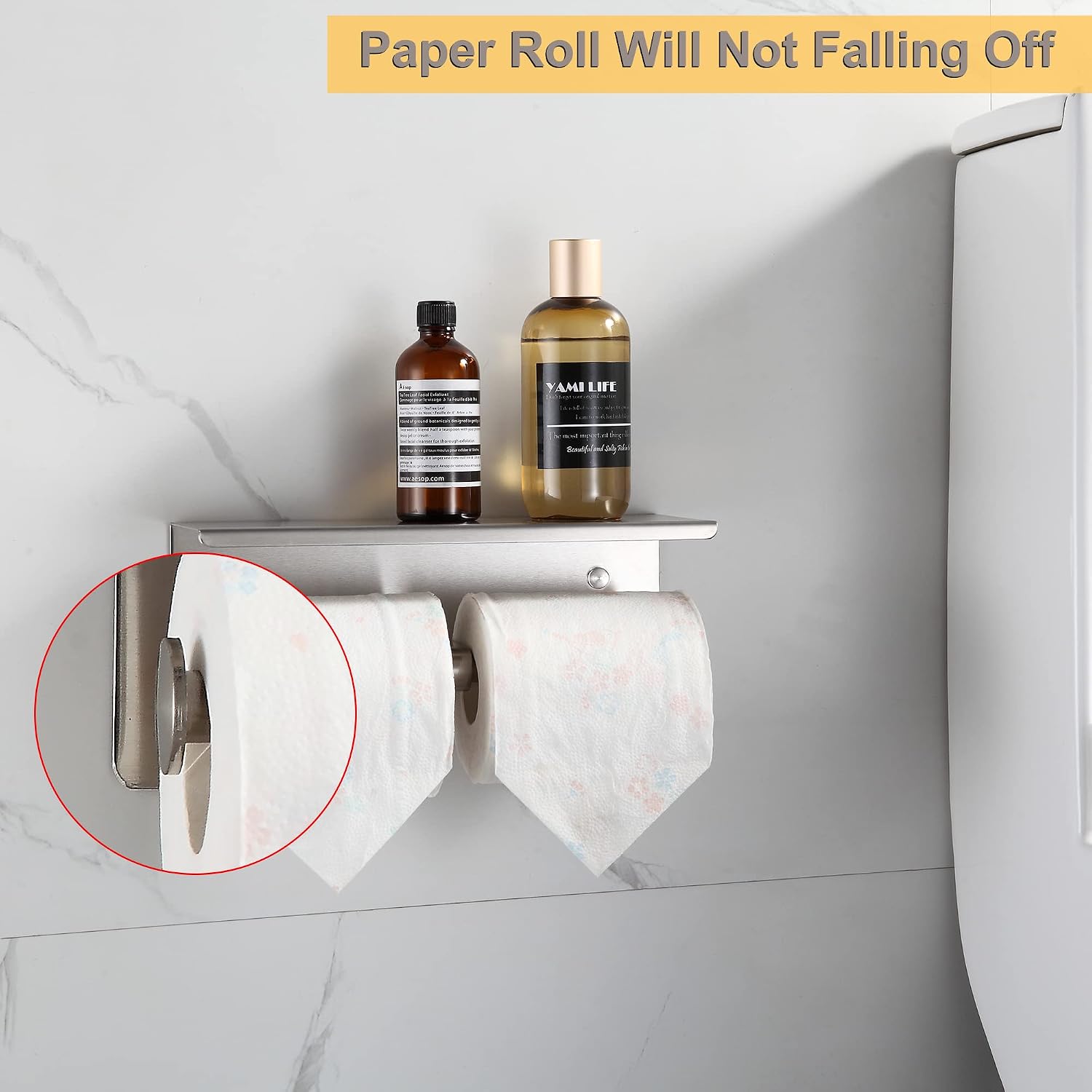 BGL Toilet Paper Holder with Shelf Brushed Nickel Double Head Toilet Tissue Roll Holder 304 Stainless Steel Wall Mount