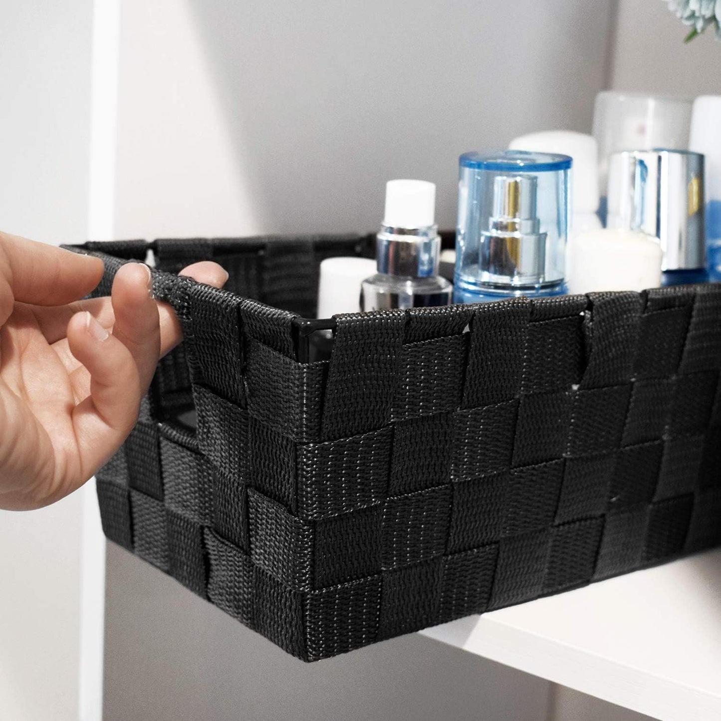 Woven Black Storage Baskets Shelf Tote Boxes Container / Woven Strap Black / Set of 3