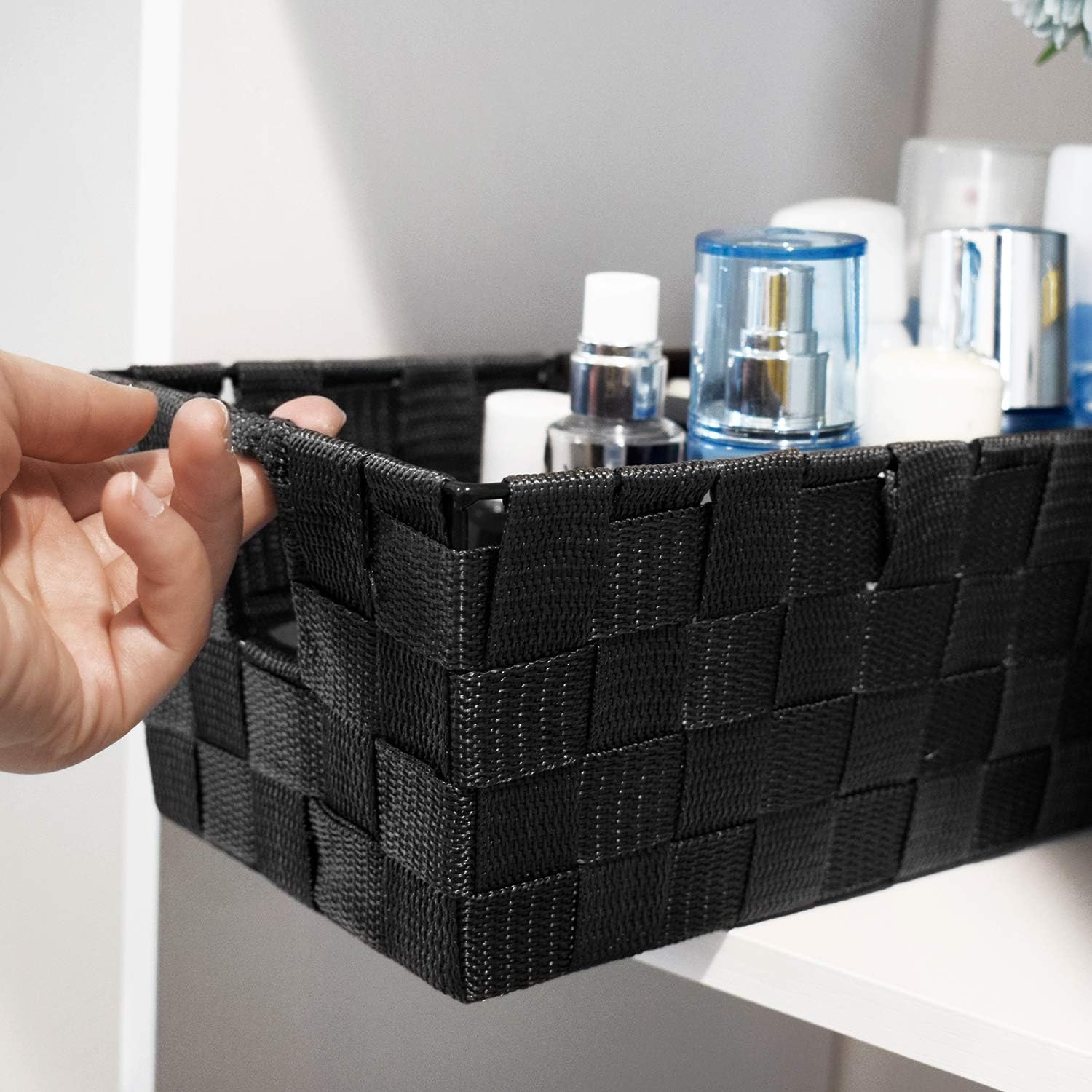 Woven Black Storage Baskets Shelf Tote Boxes Container / Woven Strap Black / Set of 3