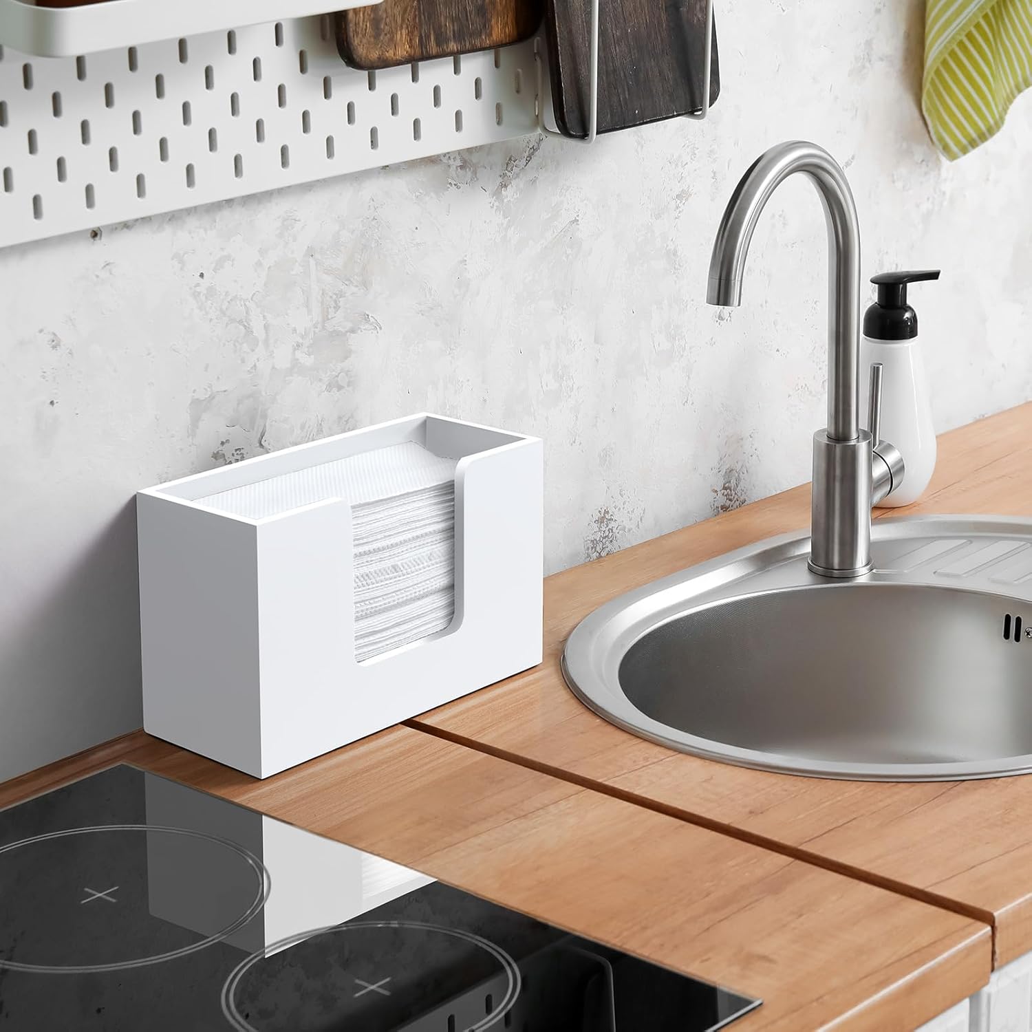 Paper Towel Dispenser Countertop, Wooden Bathroom Paper Towel Holder, White Napkin Holder for Kitchen, Countertop