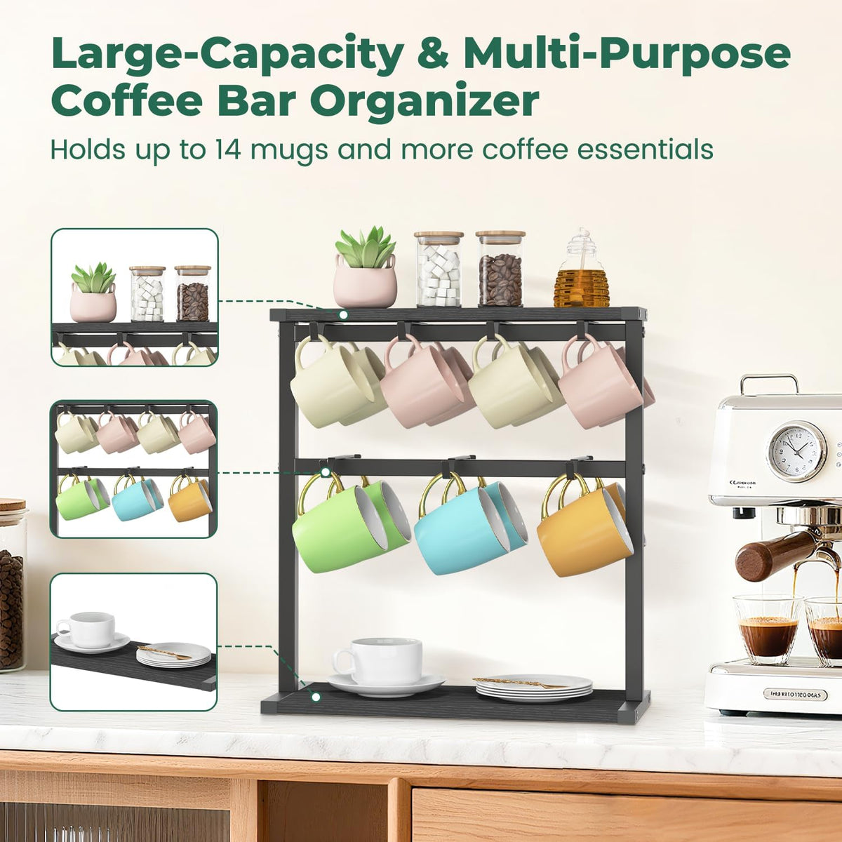 EsLuker.ly Coffee Mug Holder Cup Tree Rack for Coffee Bar Countertop | 2 Tier Wood Organizer Narrow Display Stand for