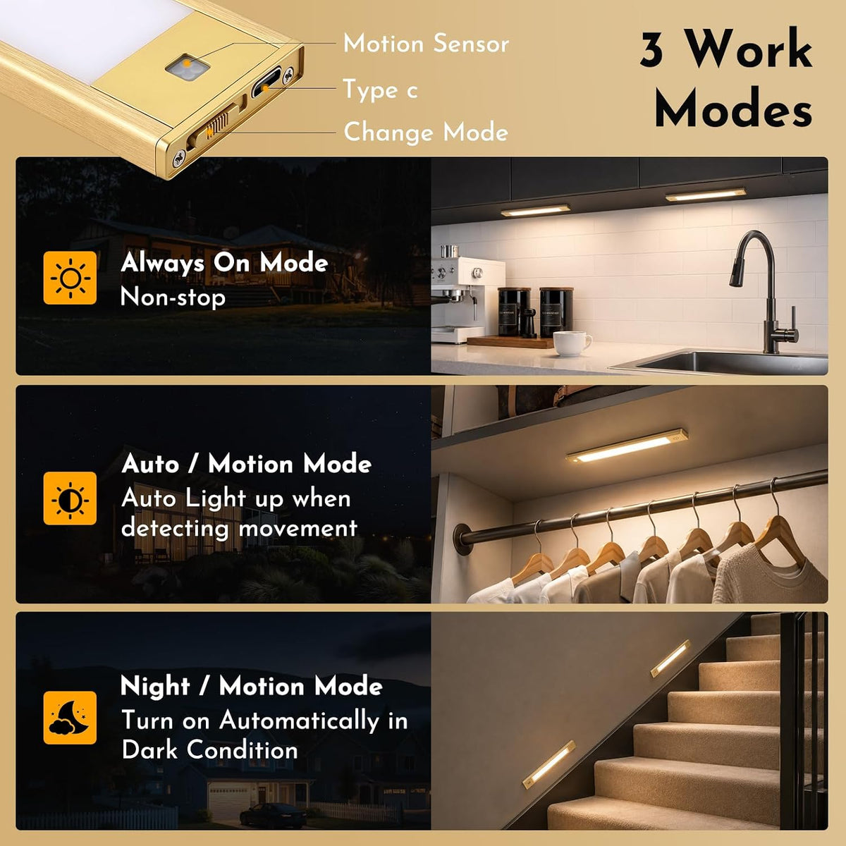 V4light Motion Sensor Cabinet Light, Rechargeable, Dimmable, 6Pcs, 9in | Gold aluminum, magnetic wireless, 1800mAh, 3