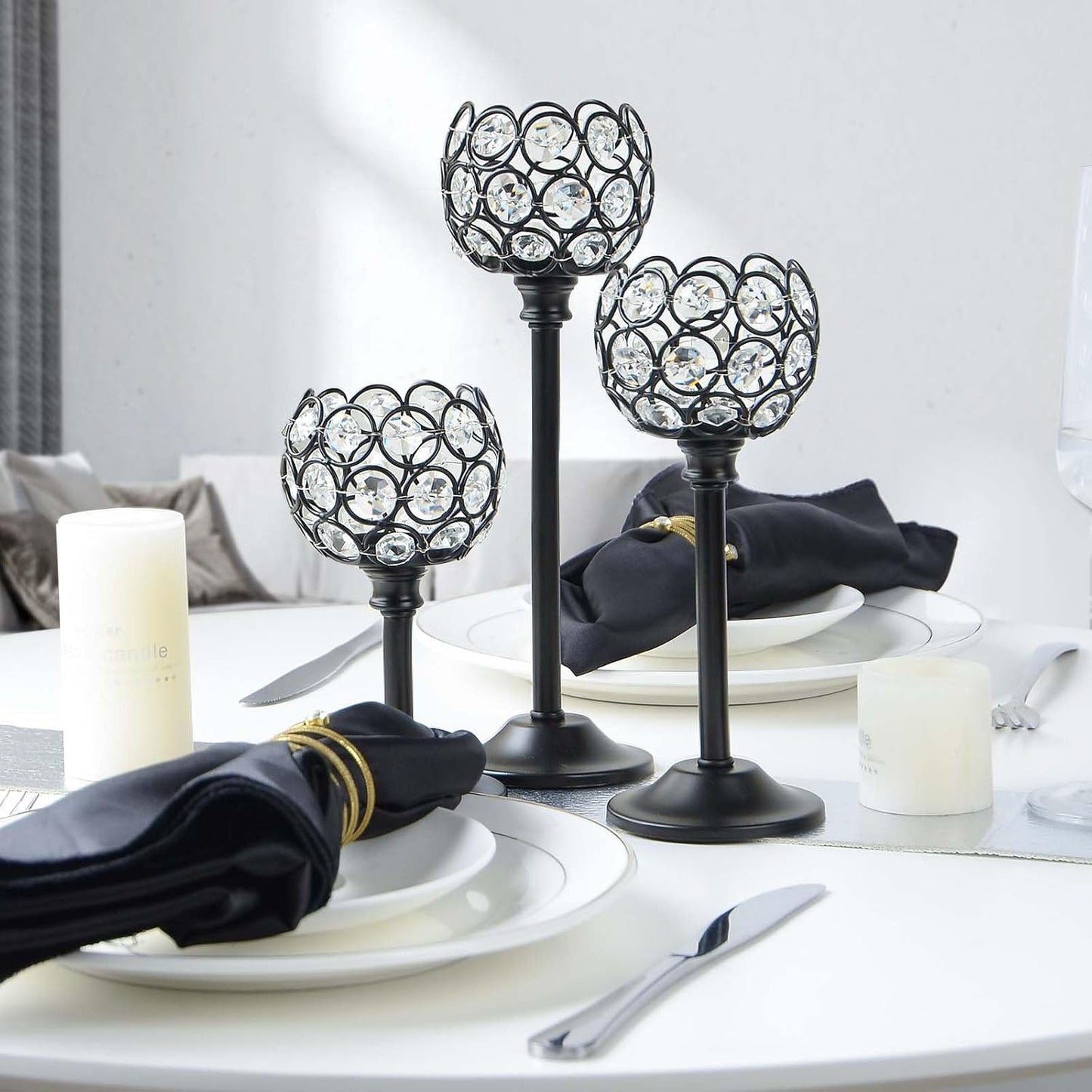 6pcs Crystal Candle Holder Set, 3 Sizes Tealight Candlestick Holders, Elegant Black Candelabra Bulk for Wedding Table