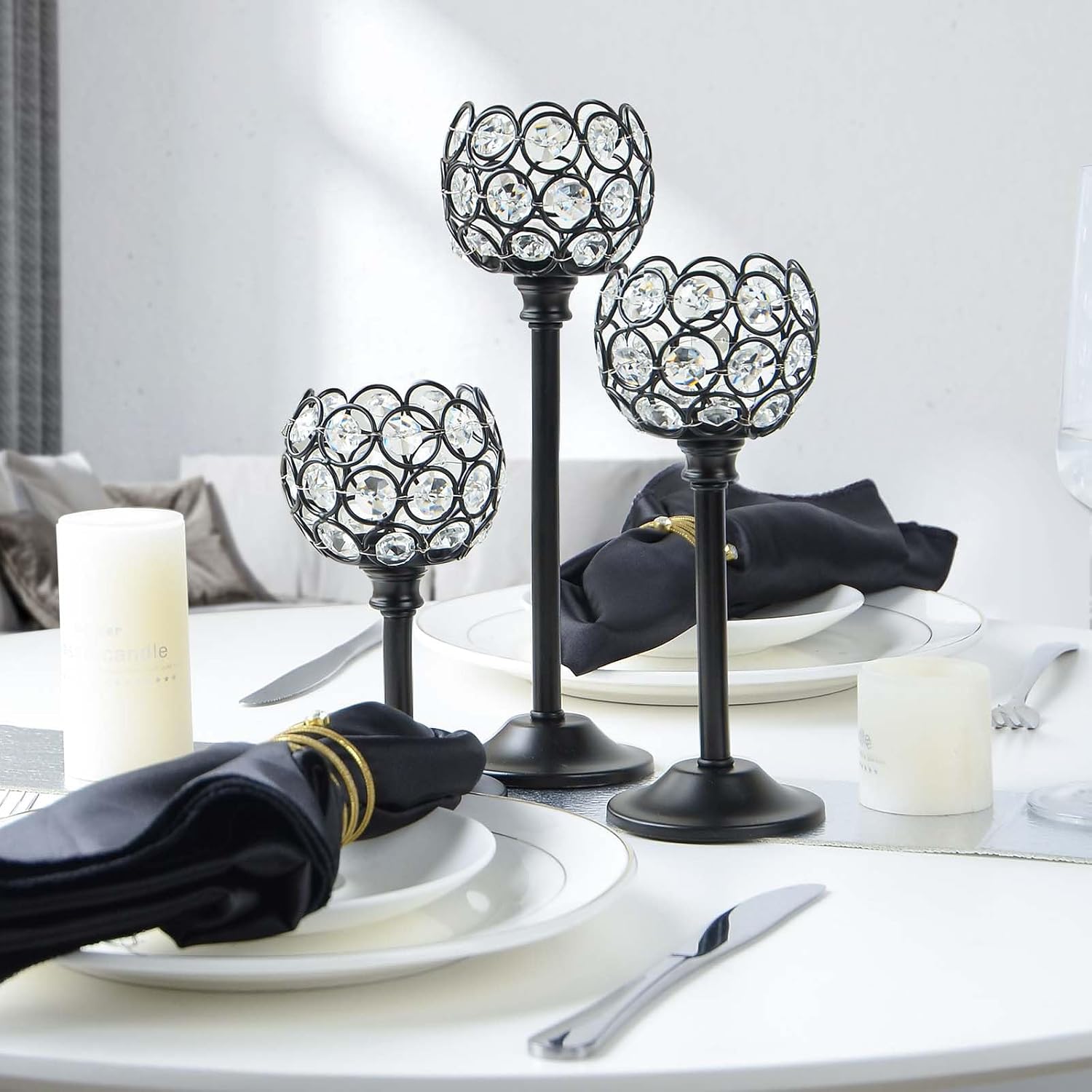 6pcs Crystal Candle Holder Set, 3 Sizes Tealight Candlestick Holders, Elegant Black Candelabra Bulk for Wedding Table
