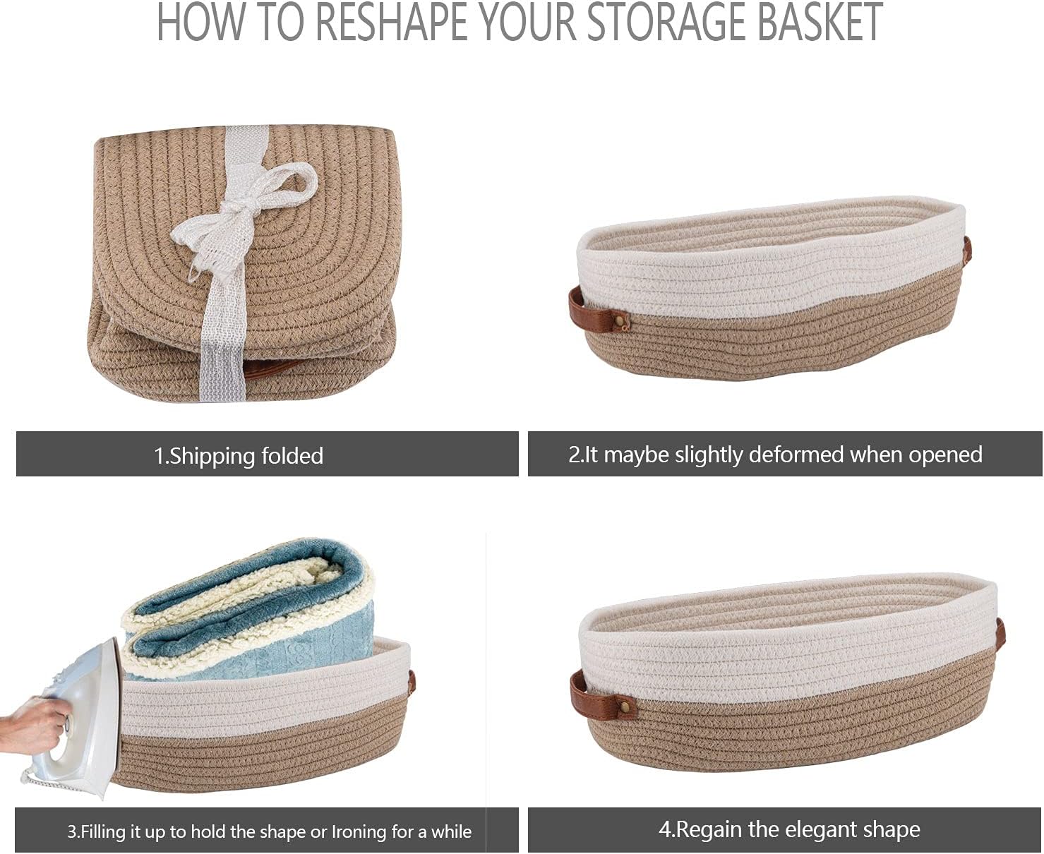 Farmhouse Home Decor Organizing Baskets " Brown / Brown Stitching White / 13 x 5.9 x 4
