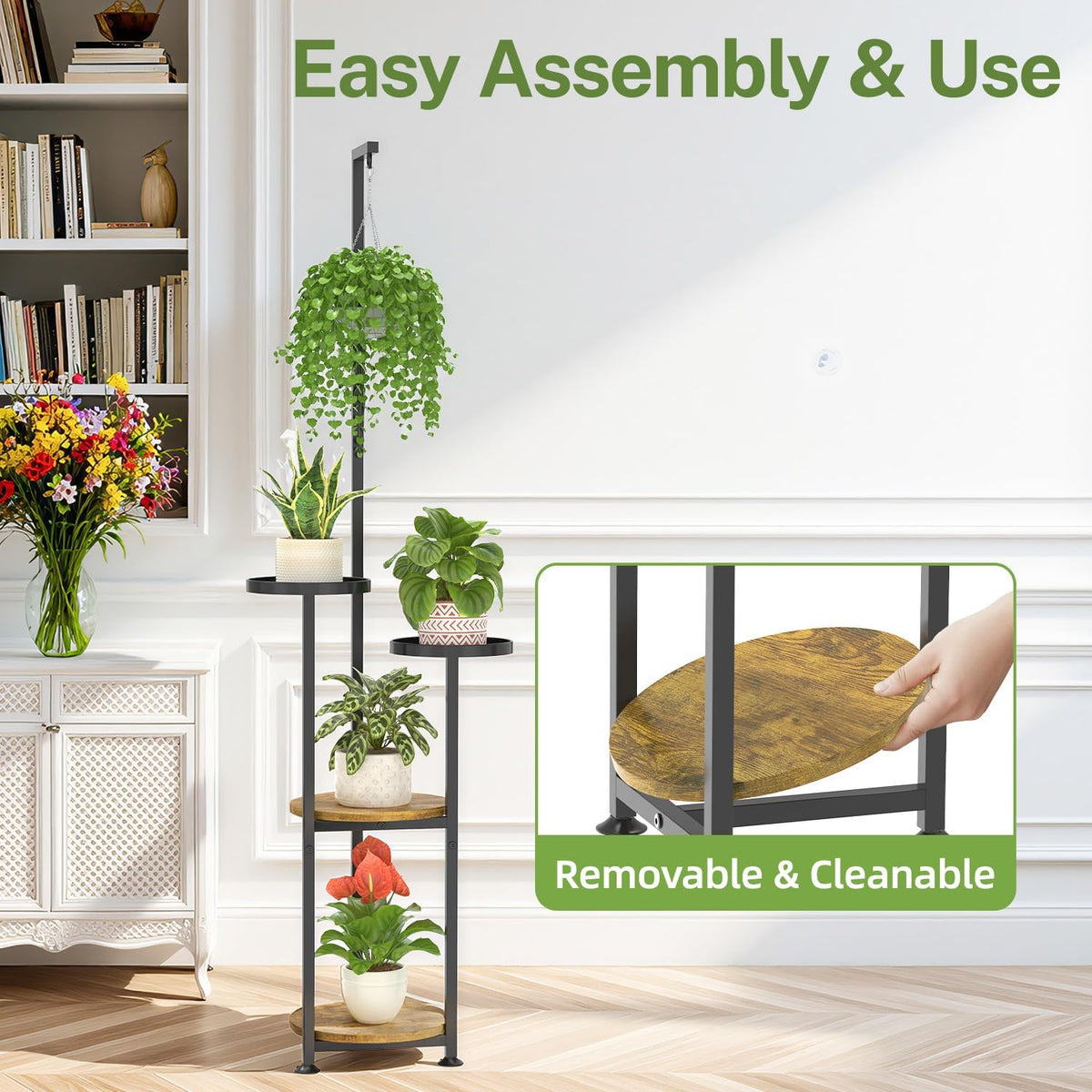 iDavosic.ly Hanging Plant Stand Indoor, 4 Tier, 62 In Tall, Black & Brown | Vertical Corner Metal Flower Shelf with