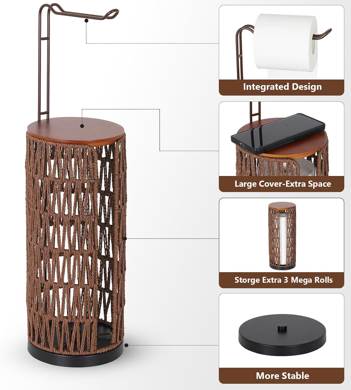 Freestanding Toilet Paper Holder with Storage,3 Rolls of Rattan Tissue Holder for Bathroom,Woven Toilet Paper Roll