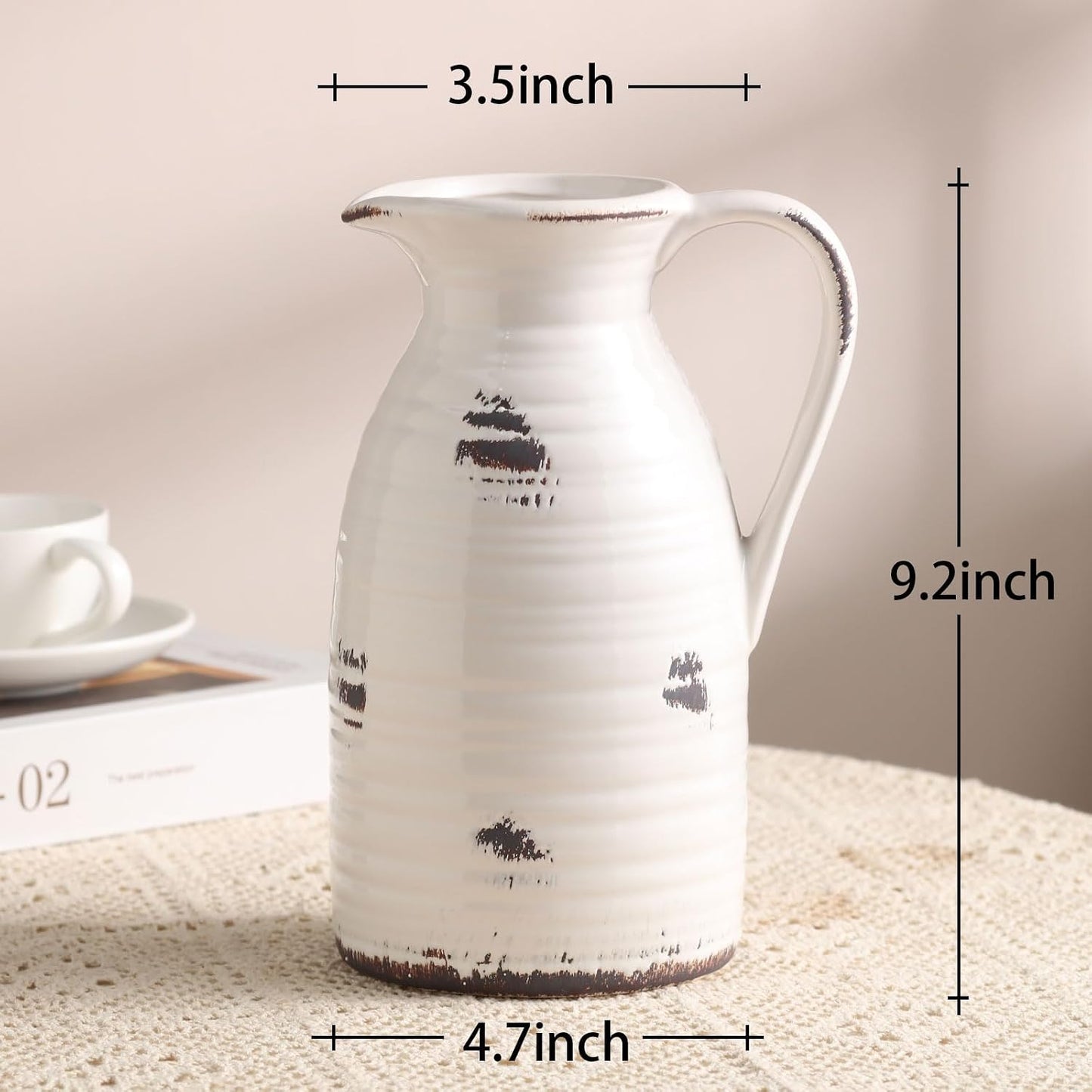Farmhouse Pitcher Vase for Flowers- Ceramic Pitcher Vase Decrative / White and Qntique Pitcher Vase