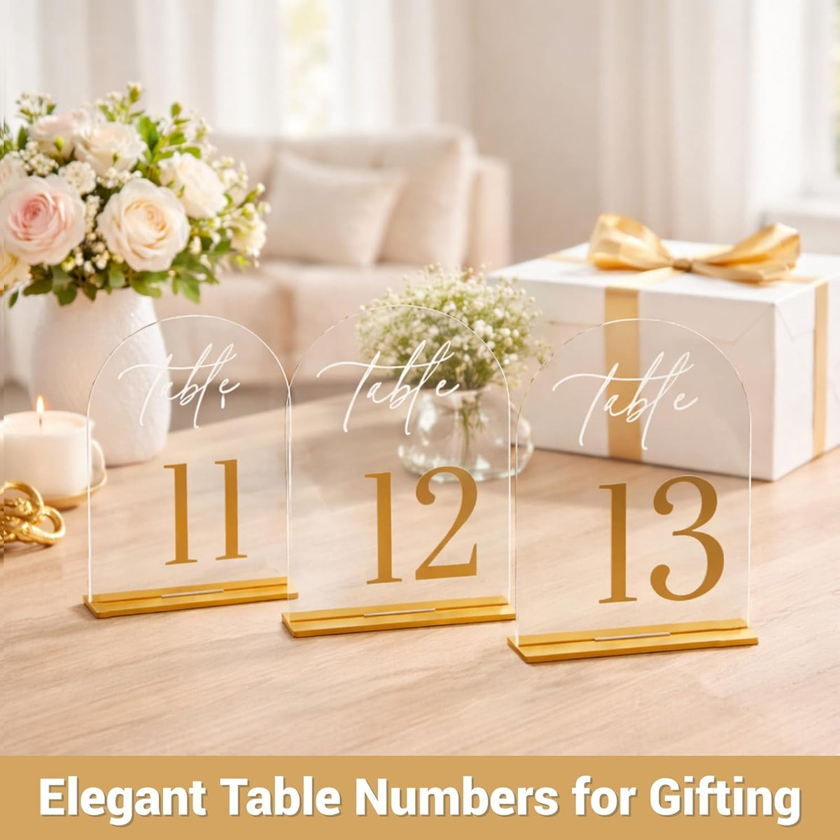 Wedding Table Numbers 1-20, Reception, 5.5" x 7" Clear Acrylic Arch Signs | Raised 3D gold numbers bring a refined