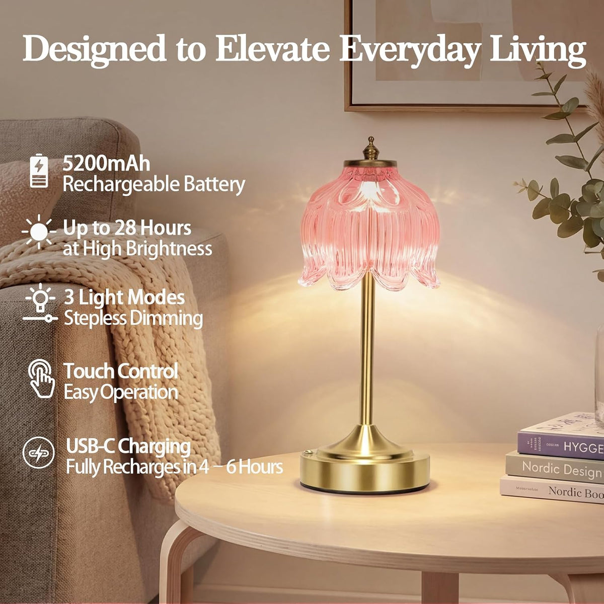 Pink Glass Flower Lamp, Rechargeable Cordless Table Lamp | Amber rechargeable lamp with 5200mAh battery, 3 color modes