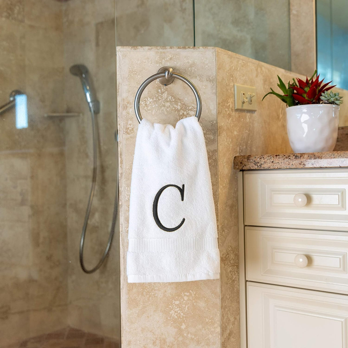 White with Dark Gray Monogrammed Hand Towels for Bathroom Set of 2 Letter C | Luxury Hotel Quality Initial Towels For