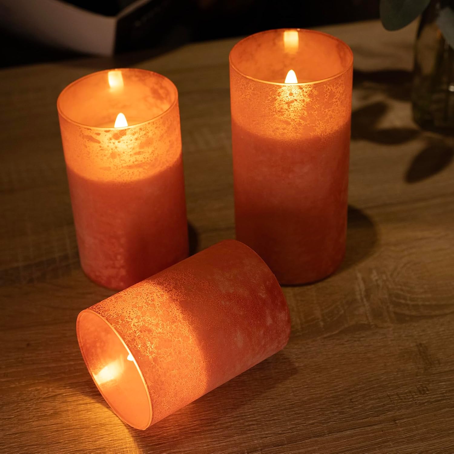 Flameless Candles with Remote Orange Glass LED Pillar Candles Set of 3 | Realistic Wax Flame Effect, 2/4/6/8H Timer