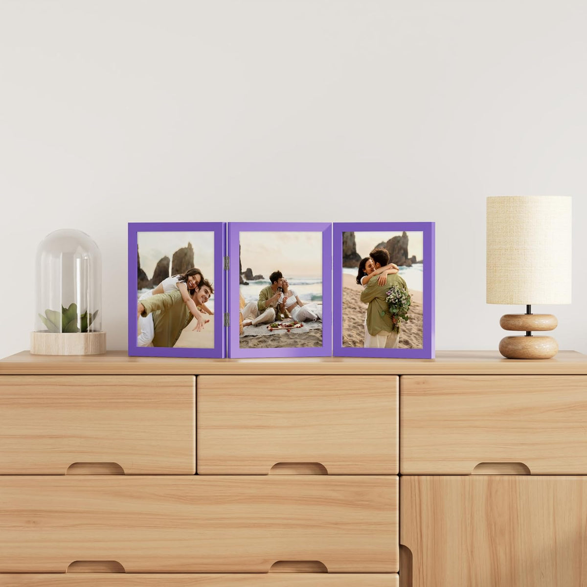 decorUhome Purple Triple 8x10 Picture Frame Vertical, MDPP08 | "Z" Shape Folding Design Engineered Wood Trifold Photo