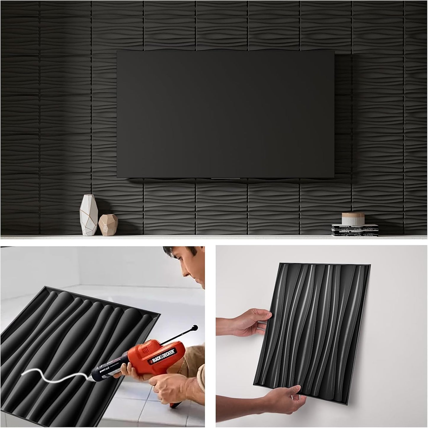 Art3d PVC Wavy Textured 3D Wall Panels, 15.7 x 11.8 Inch, 24-Pack, Black | PVC, Waterproof, Featherlight, Scratch