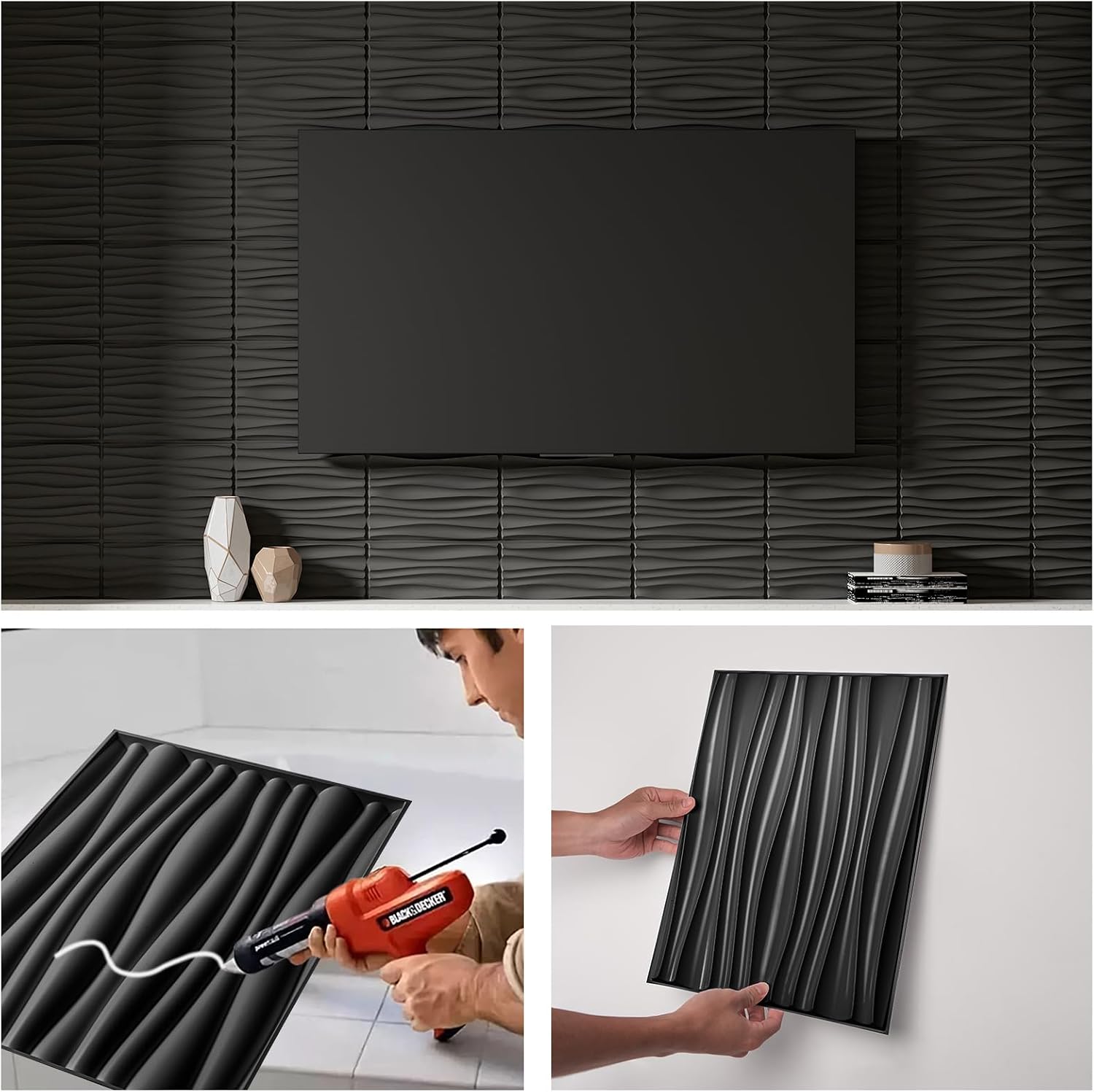Art3d PVC Wavy Textured 3D Wall Panels, 15.7 x 11.8 Inch, 24-Pack, Black | PVC, Waterproof, Featherlight, Scratch