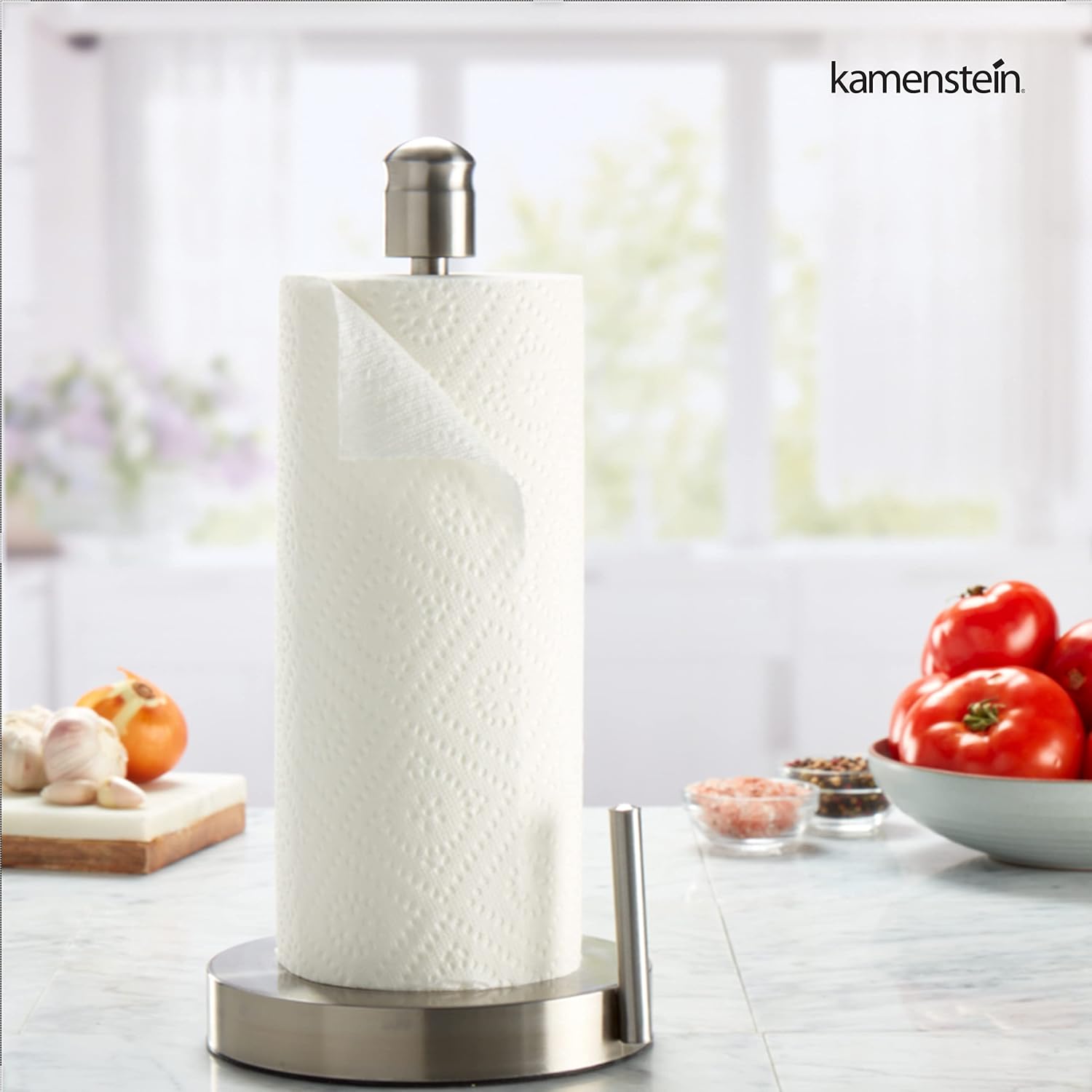 Kamenstein Paper Towel Holder Countertop with Patented Perfect Tear Technology - Brushed Stainless Steel, Weighted