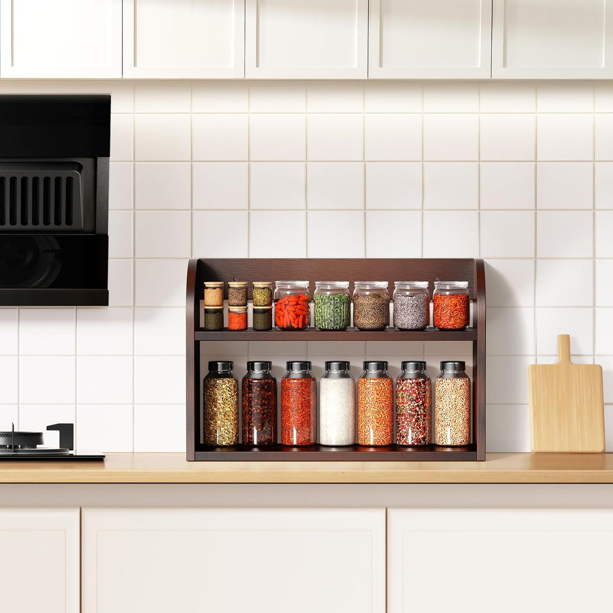 ROMGUAR CRAFT 2 Tier Bamboo Spice Rack, Countertop or Wall Mounting Wood Spice Jars Organizer Shelf for Kitche, Pantry