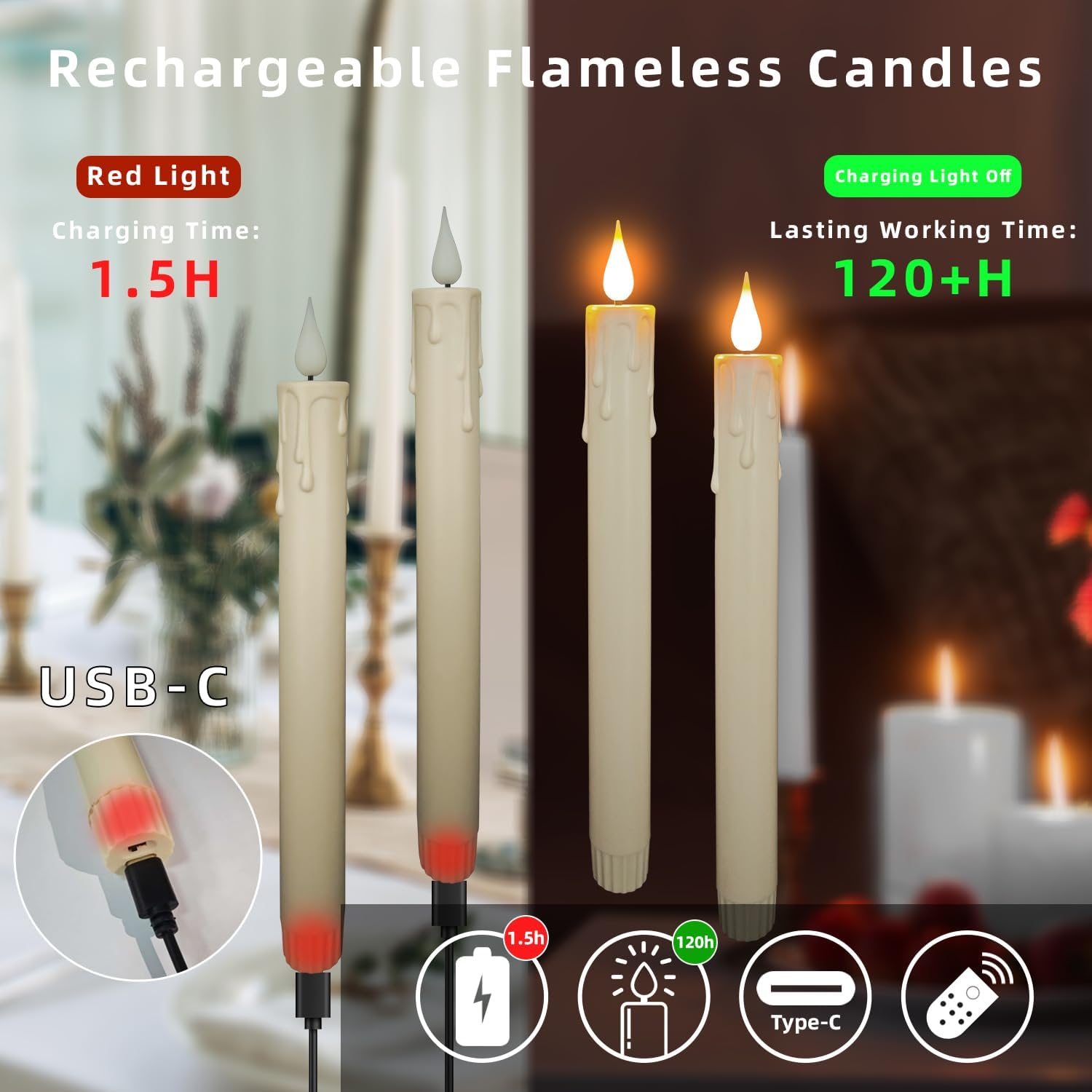 9.9-Inch Rechargeable Flameless Taper Candles, 60+ Hours Runtime, Remote & Timer, Flickering LED, Safe for Home &