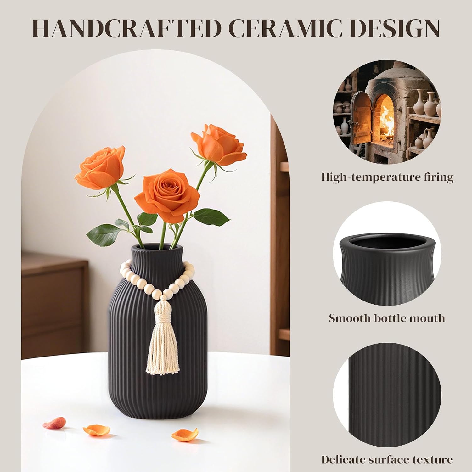 Ceramic Vase / Tall Boho Ribbed Vase / Black / 7.9 Inch