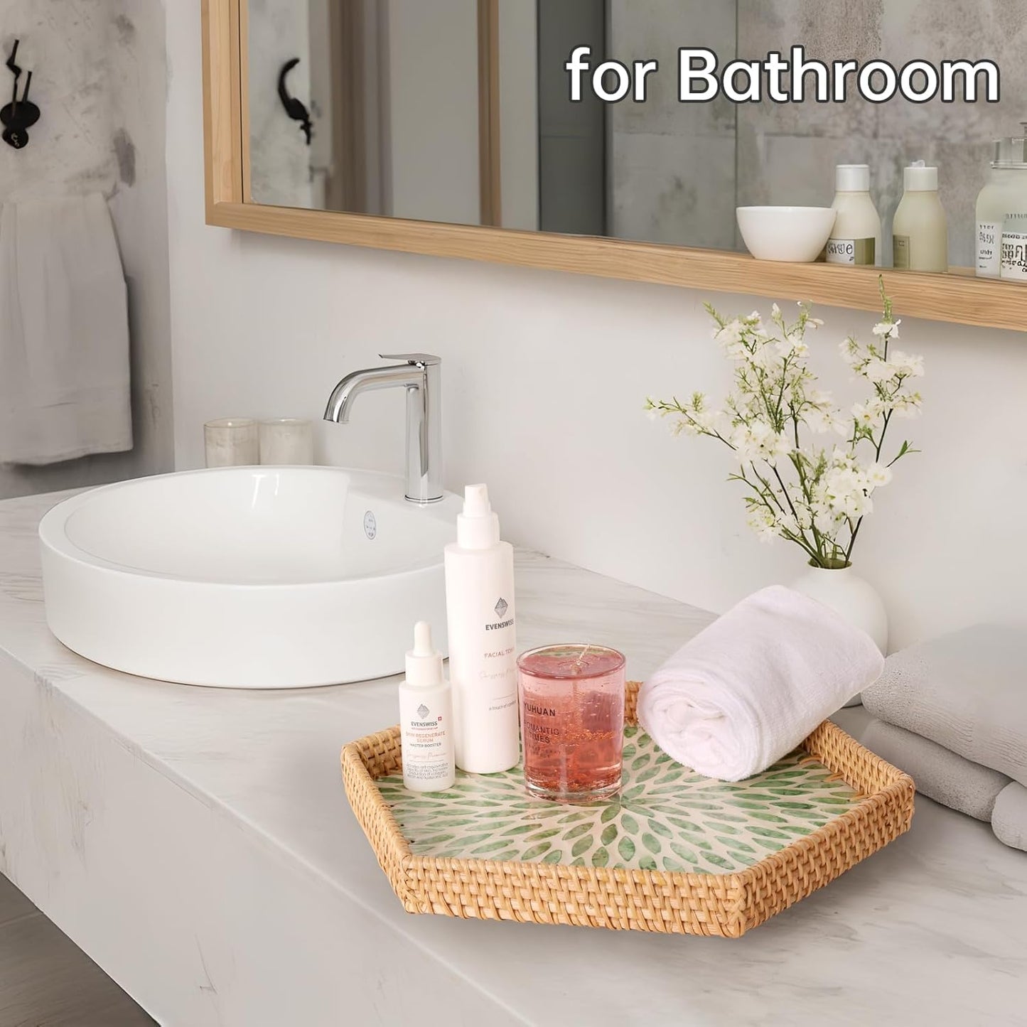 Hexagon Rattan Tray / Green Leaves