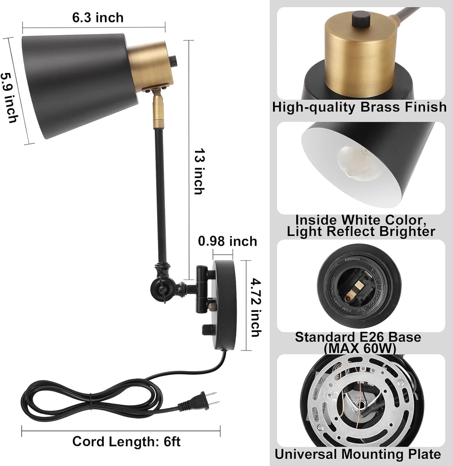 GOODATE Dimmable Wall Lamp with Plug in Cord, Plug in Wall Sconces, Swing Arm Wall Light with On Off Switch, Metal