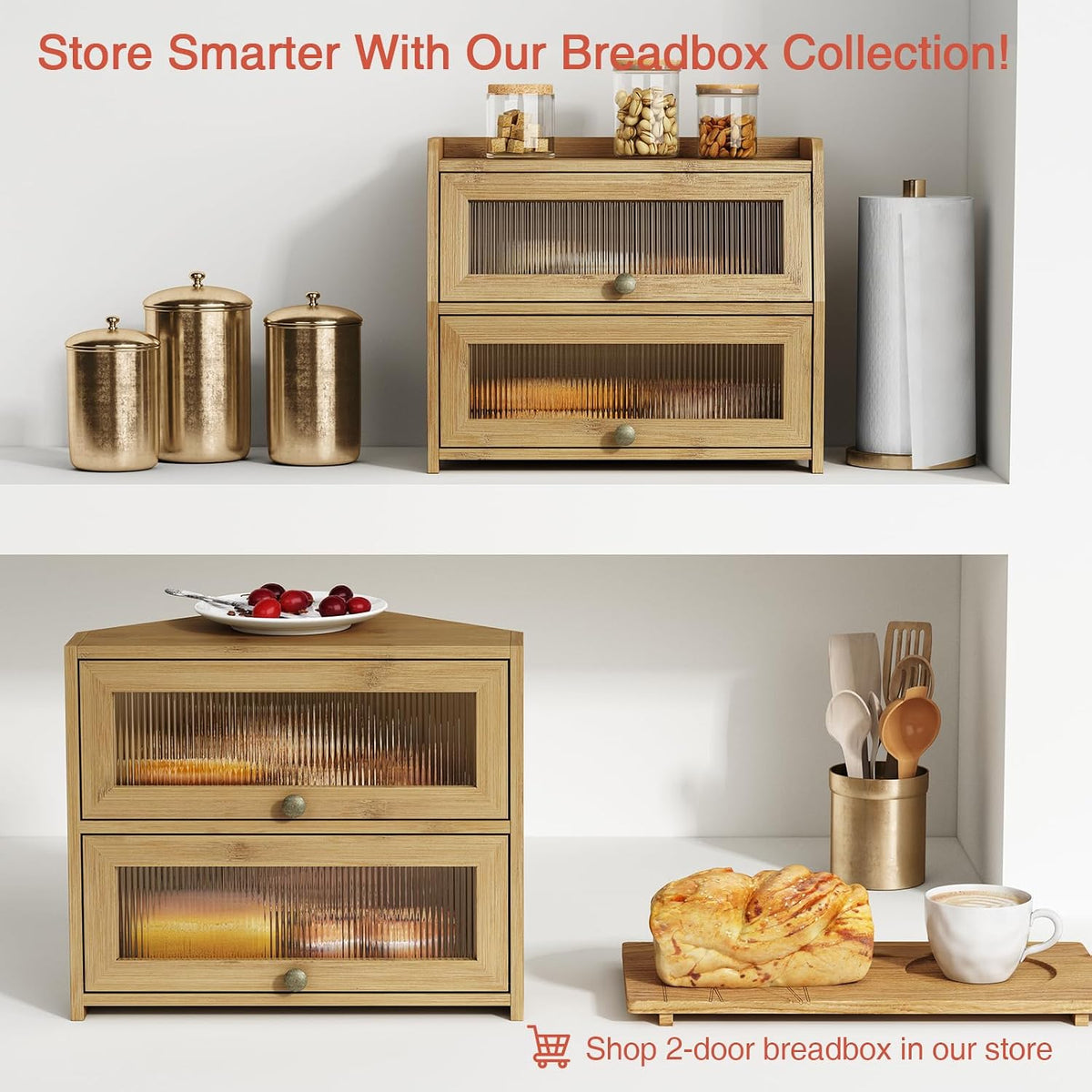 Goozii Corner Bread Box for Kitchen Countertop, Double Layer Bamboo Wood Breadbox for Homemade Bread, 2 Door Roll up