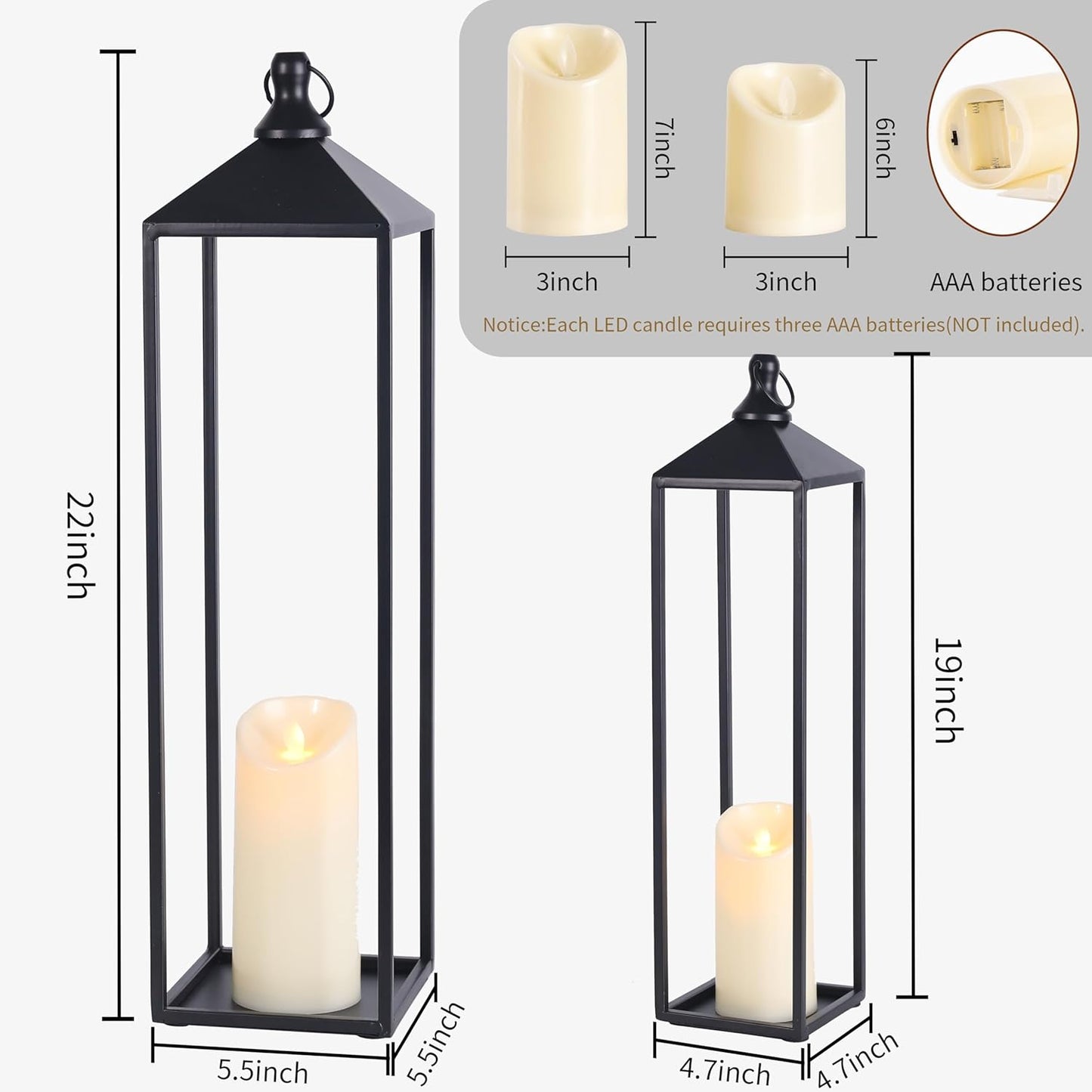 22'' 19'' Large Lanterns Decorative Outdoor Indoor, Set of 2 Candle Lantern | Black Metal Floor Lanterns Decorative for