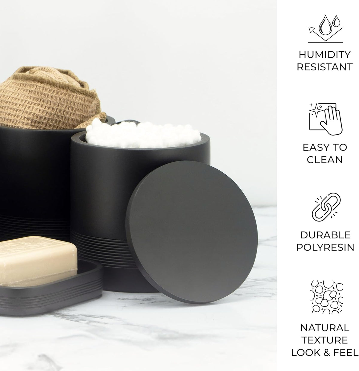 Black Matte Bathroom Accessories Set 6 Pieces - Toothbrush Holder, Lotion Dispenser, Qtip Container, Vanity Tray
