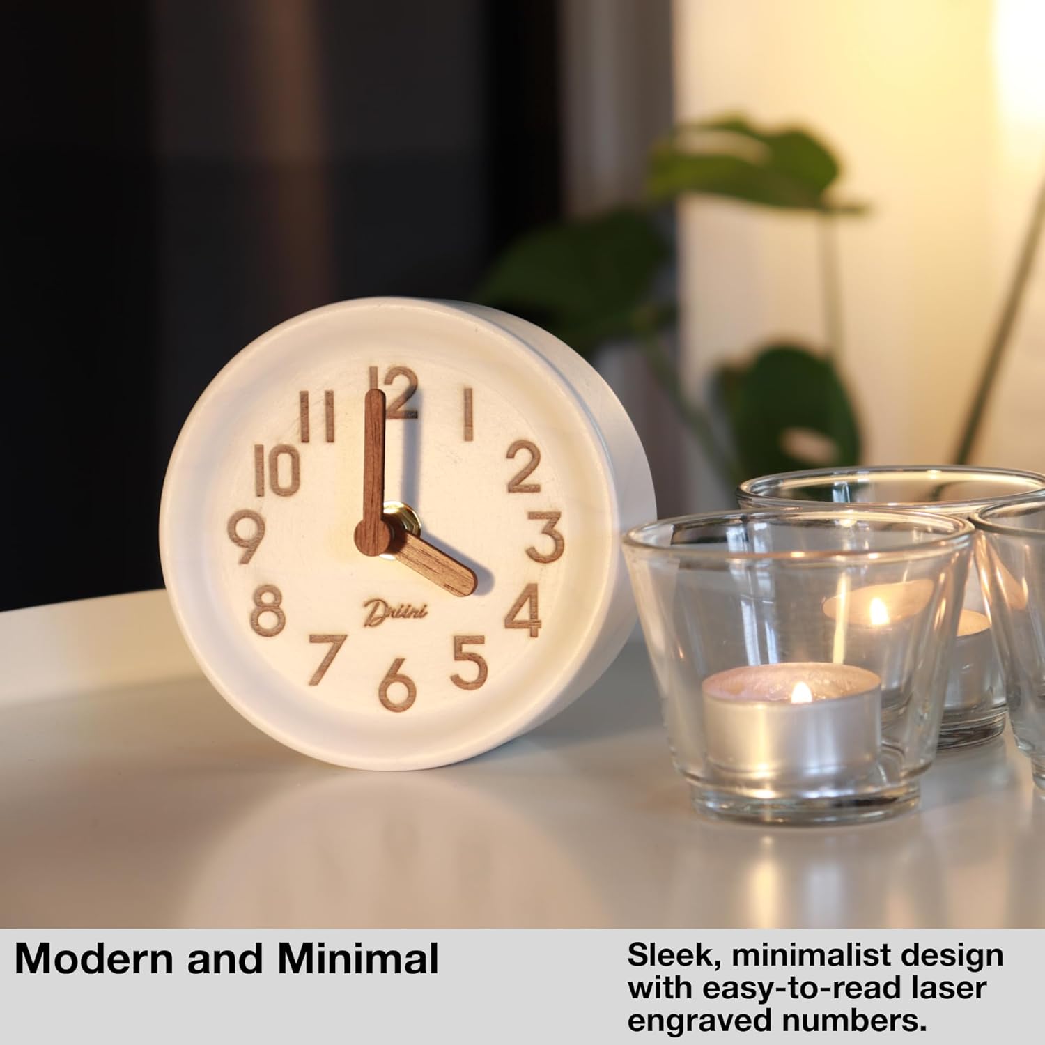 Driini Wooden Analog Desktop Clock – 4.3 in. Decorative Pinewood, No-Tick Design – Easy to Read Silent Sweep Mantle