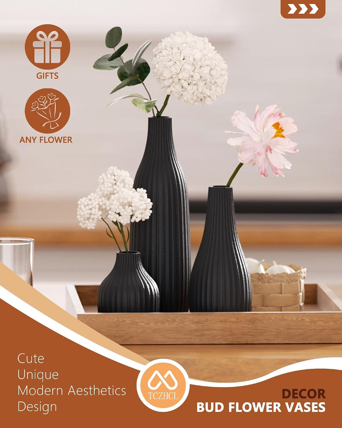 Minimal Line Ceramic Vase / Black / Set of 3