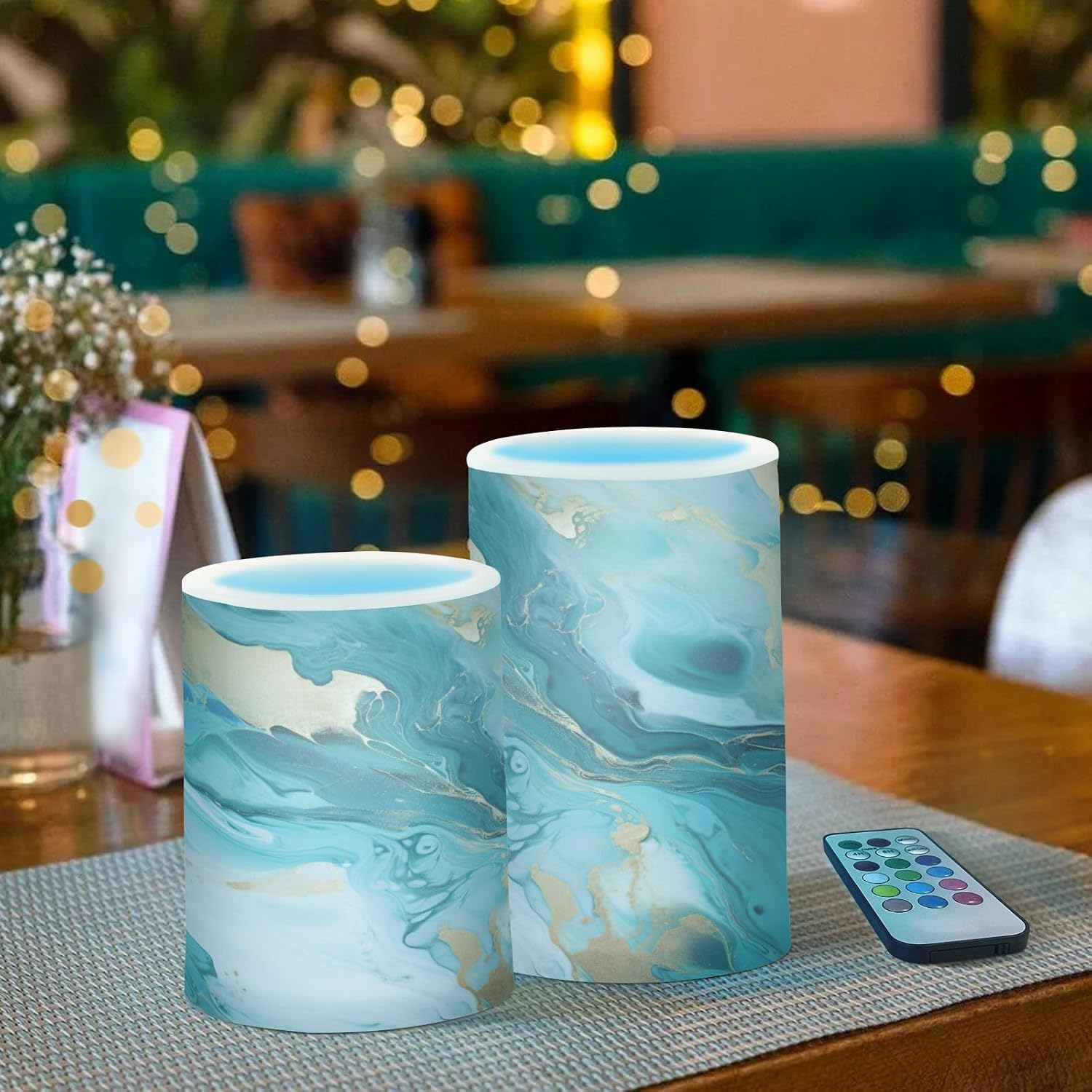Flickering Flameless Candles, Turquoise Blue Marble Texture LED Candles with Remote Timer, Set of 2 Battery Operated