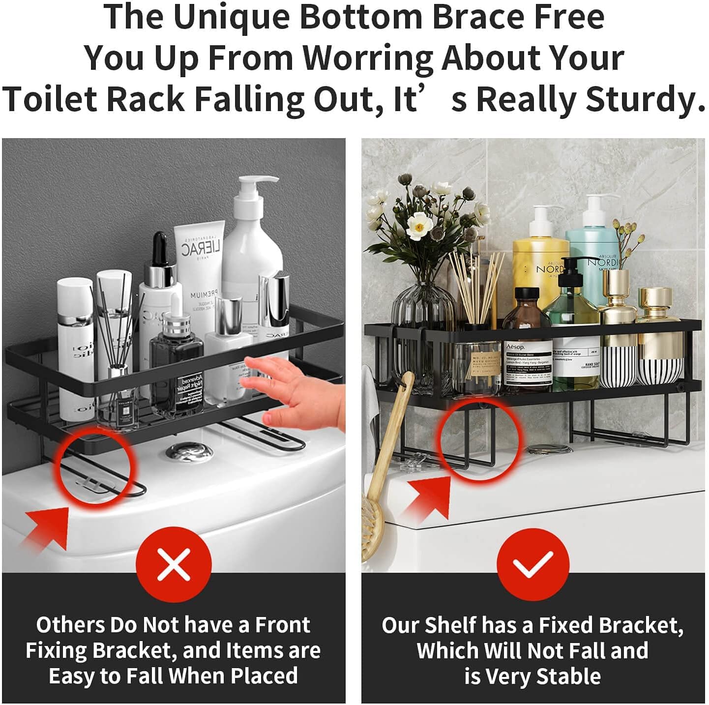 1-Tier Over Toilet Storage - Wall-Mount Bathroom Shelf with 2 Hook | Bathroom Organizers and Storage Cabinet