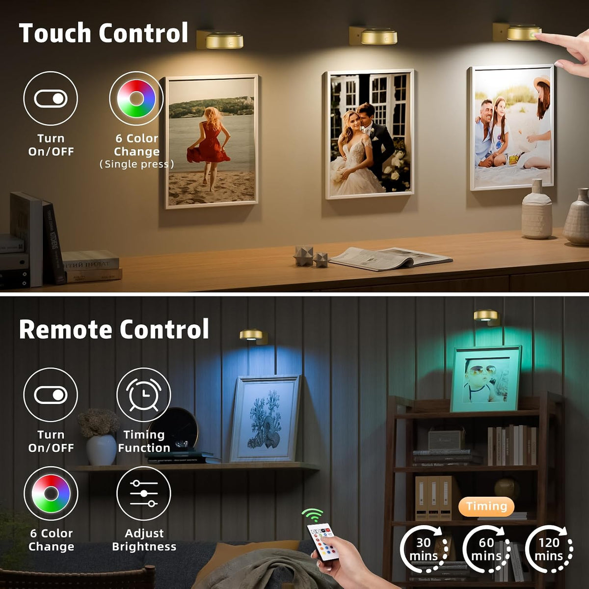 3 Pcs Picture Lights, Rechargeable Battery Operated Dimmable 3-Color Wall Light with Remote & Timer for Paintings