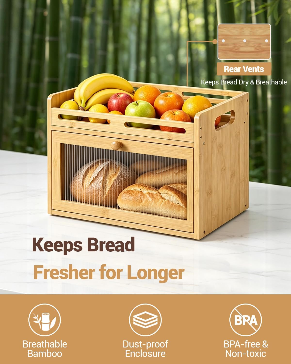 Bread Box for Kitchen Countertop, Bamboo Storage with Raised Top Shelf | Acrylic Window, Rear Vents, Magnetic Closure