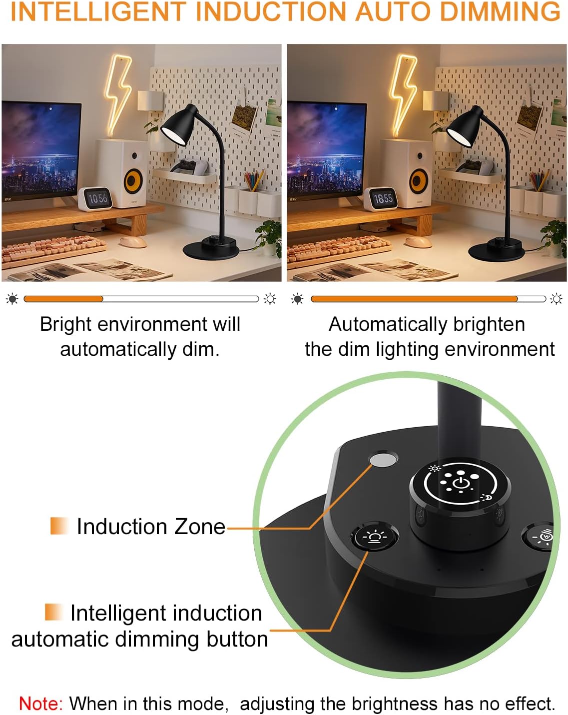 BOHON LED Desk Lamp with USB Charging Port 3 Color Modes Dimmable, Black | Reading Light Intelligent Induction Auto