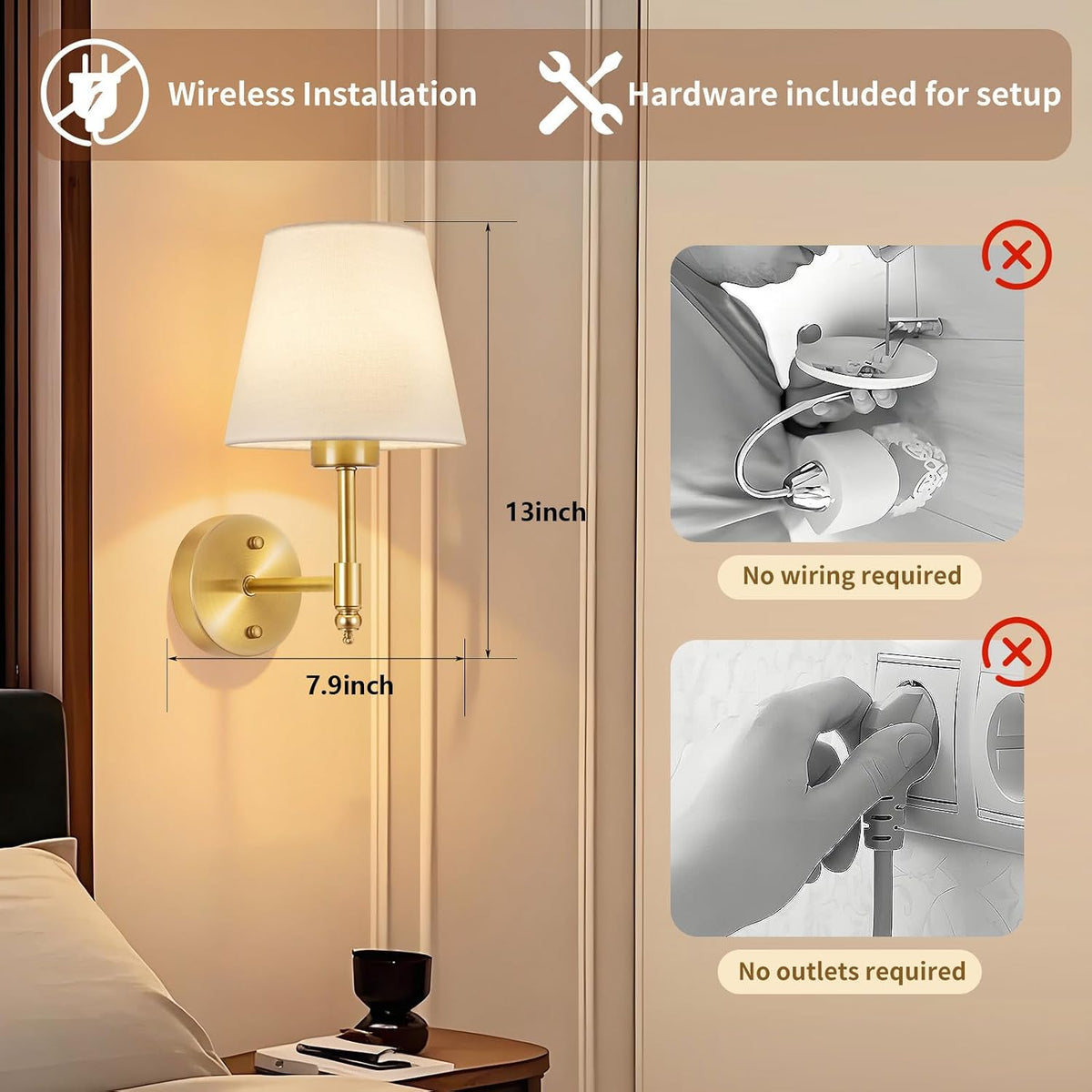 Battery Operated Wall Sconce Set of 2, Rechargeable Wireless Wall Lights | with fabric Lampshade, 5200mAh Dimmable Bulb