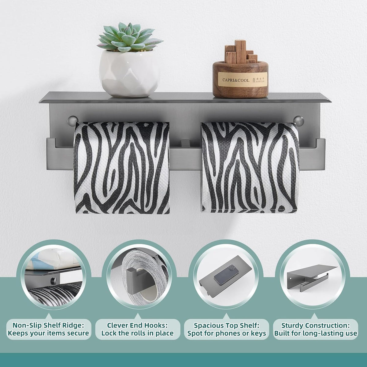 APLusee Double Toilet Paper Holder with Storage Phone Shelf, Gunmetal Gray | 304 Stainless Steel for Bathroom