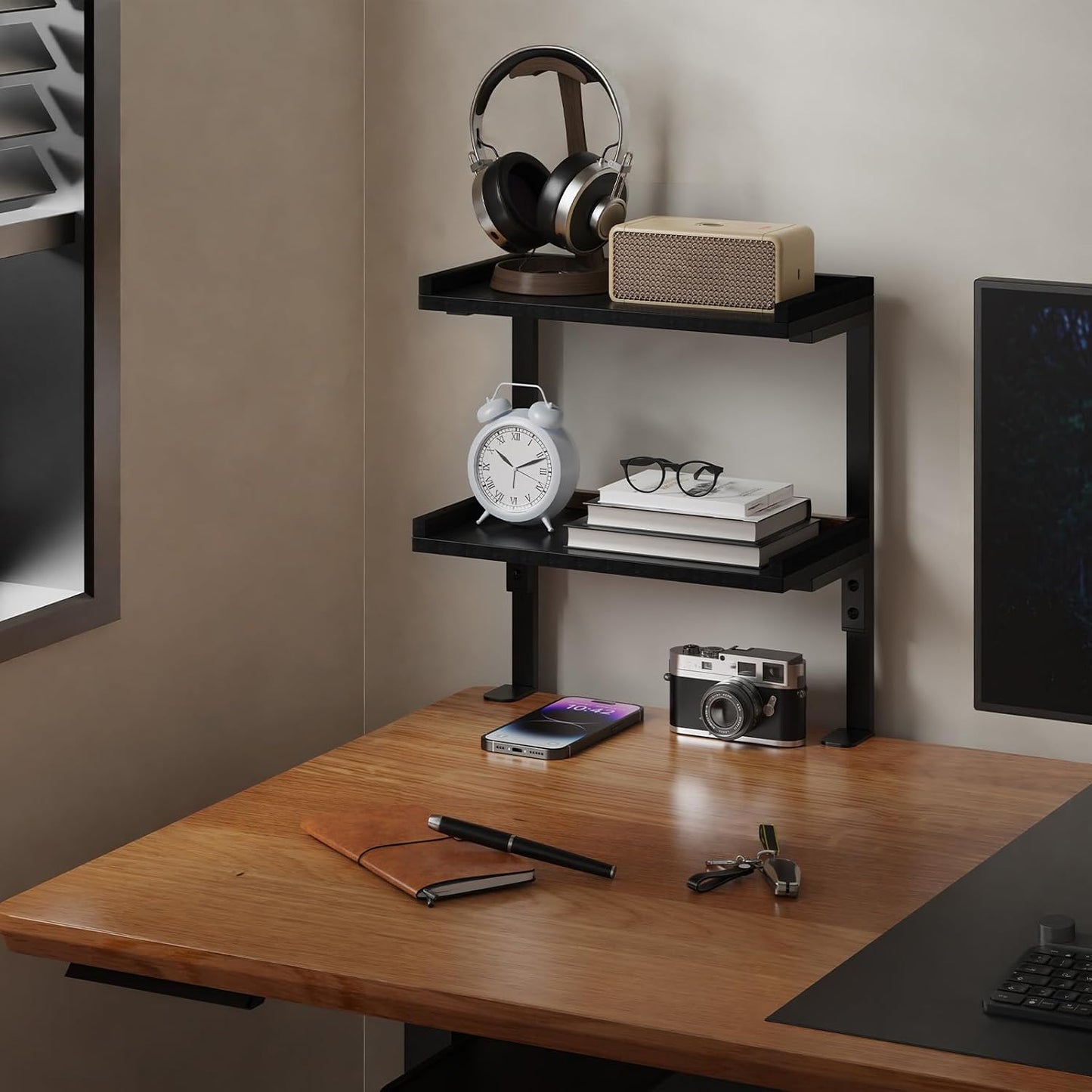 Clamp On Desk Shelf 2-Tier, 12.6 inche Wood Shelving Unit for Office Desk/Gaming Accessories, Tabletop Book Storage