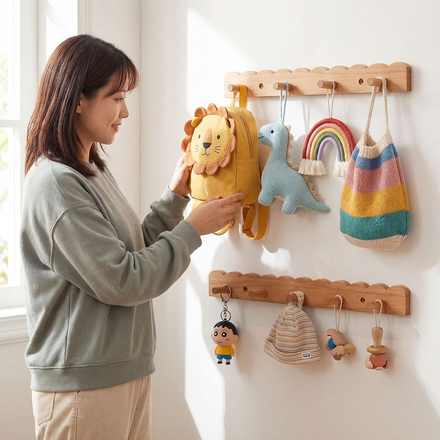 Scalloped Coat Rack Wall Mount Nursery Wall Hook 8 / Wood / 16 Inch 8 Hook / 16 Inch / Set of 2