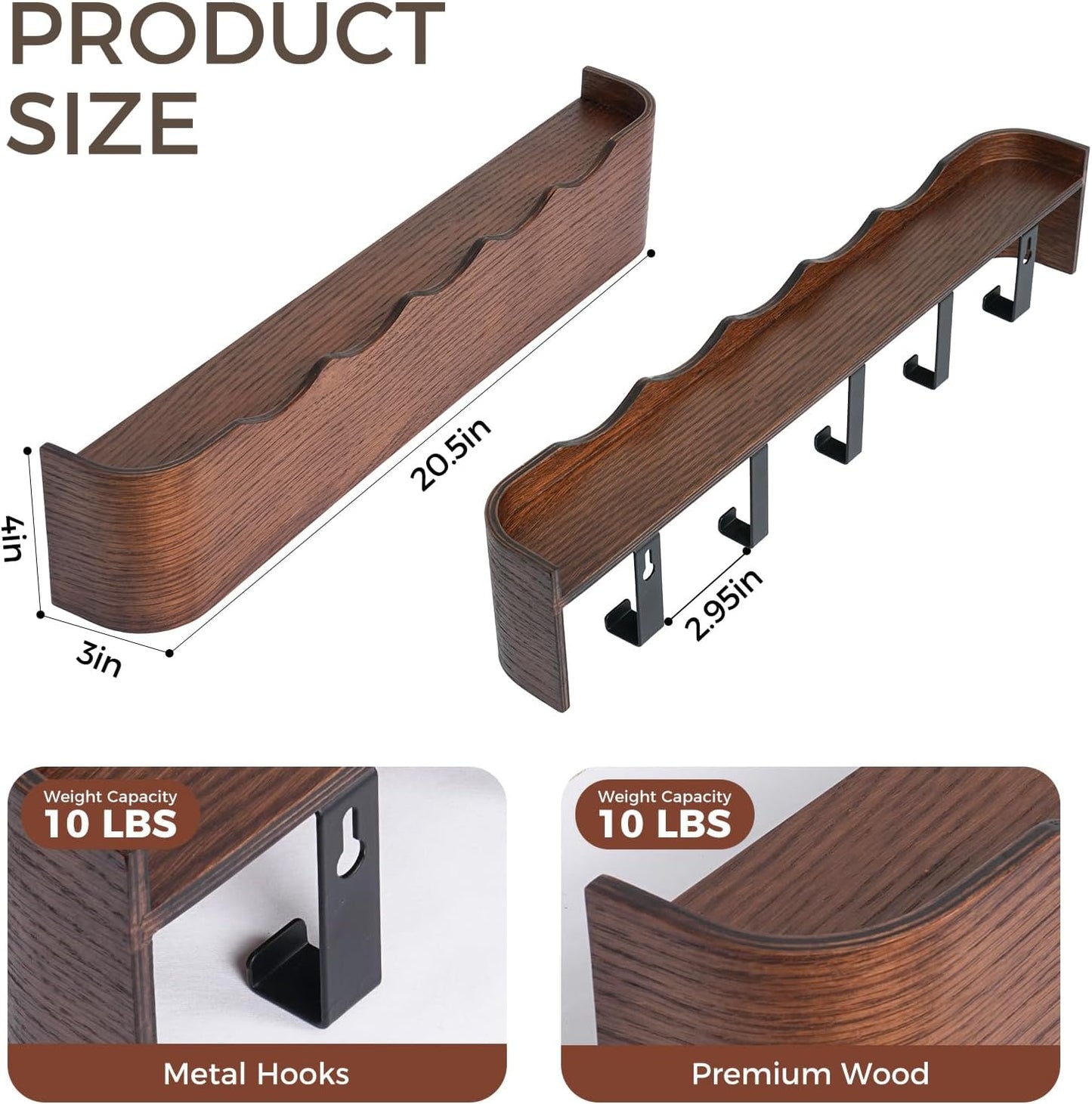 Shelf Entryway Shelf Modern Key Holder Hanger Wall Shelves / Wavy Walnut Color / 5 Hooks