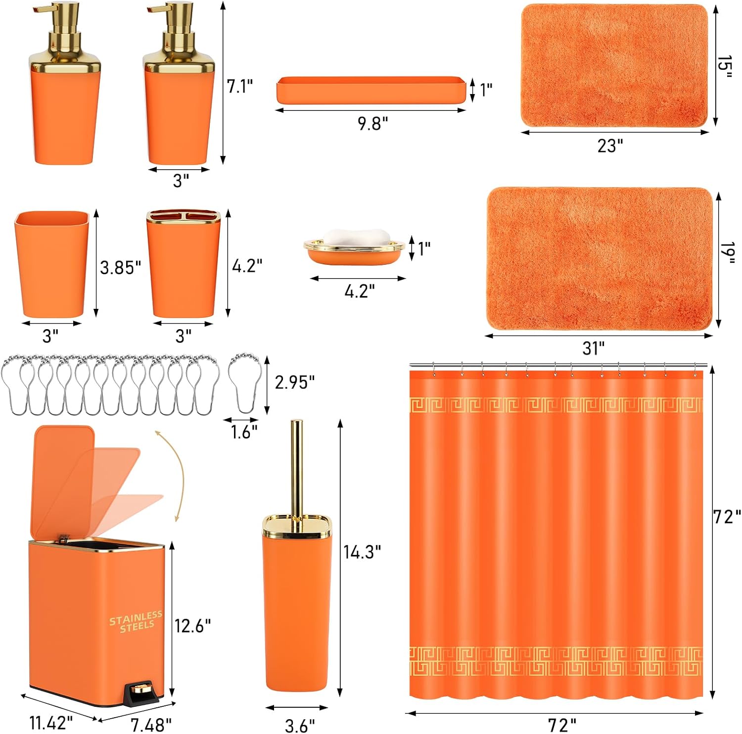 XLHOMO 11PCS Bathroom Sets with Shower Curtain and Rugs Bathroom Accessories Set Orange Bathroom Set,Soap Dispenser &
