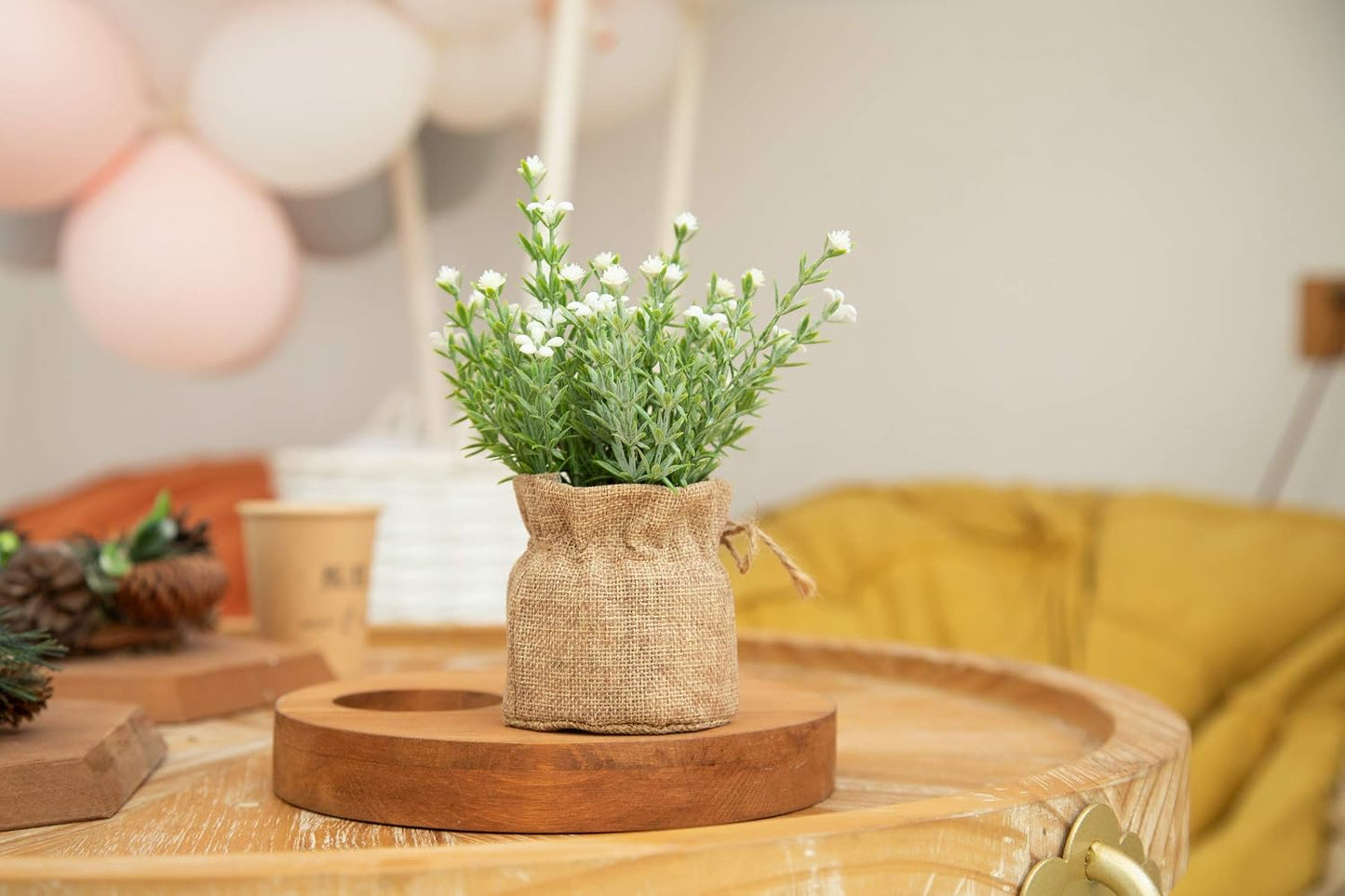 Babys Breath Artificial Flowers in Small Burlap Bag Vases -Gypsophila / White/purple/pink / Set of 3