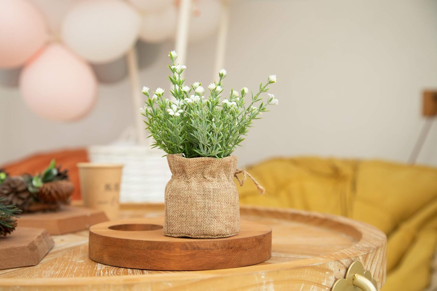 Babys Breath Artificial Flowers in Small Burlap Bag Vases -Gypsophila / White/purple/pink / Set of 3